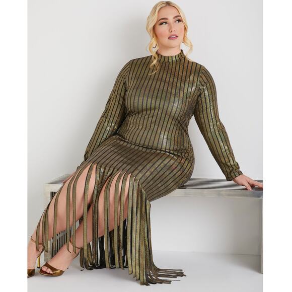 PLUS Size 18/20 2X | Women’s Embellished Fringed Stretch Knit Maxi Dress Gown - Picture 3 of 4